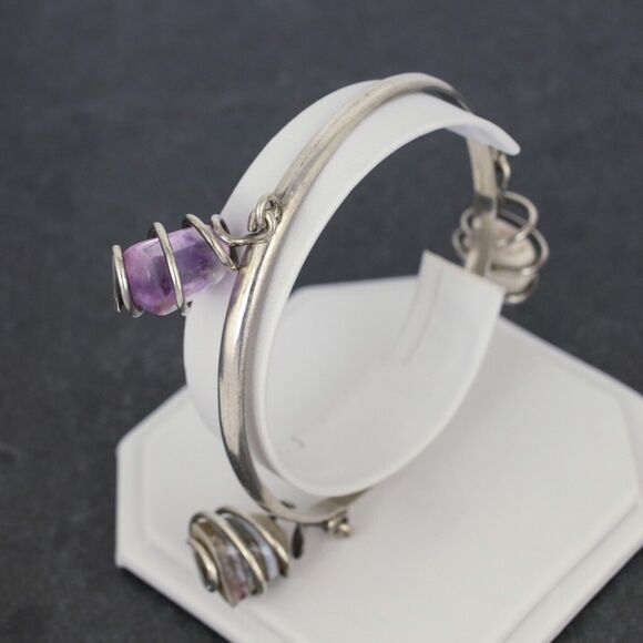 Vintage Sterling Silver 925 Purple Amethyst Agate Dangle Crystal Bangle 8.5" - Picture 3 of 12